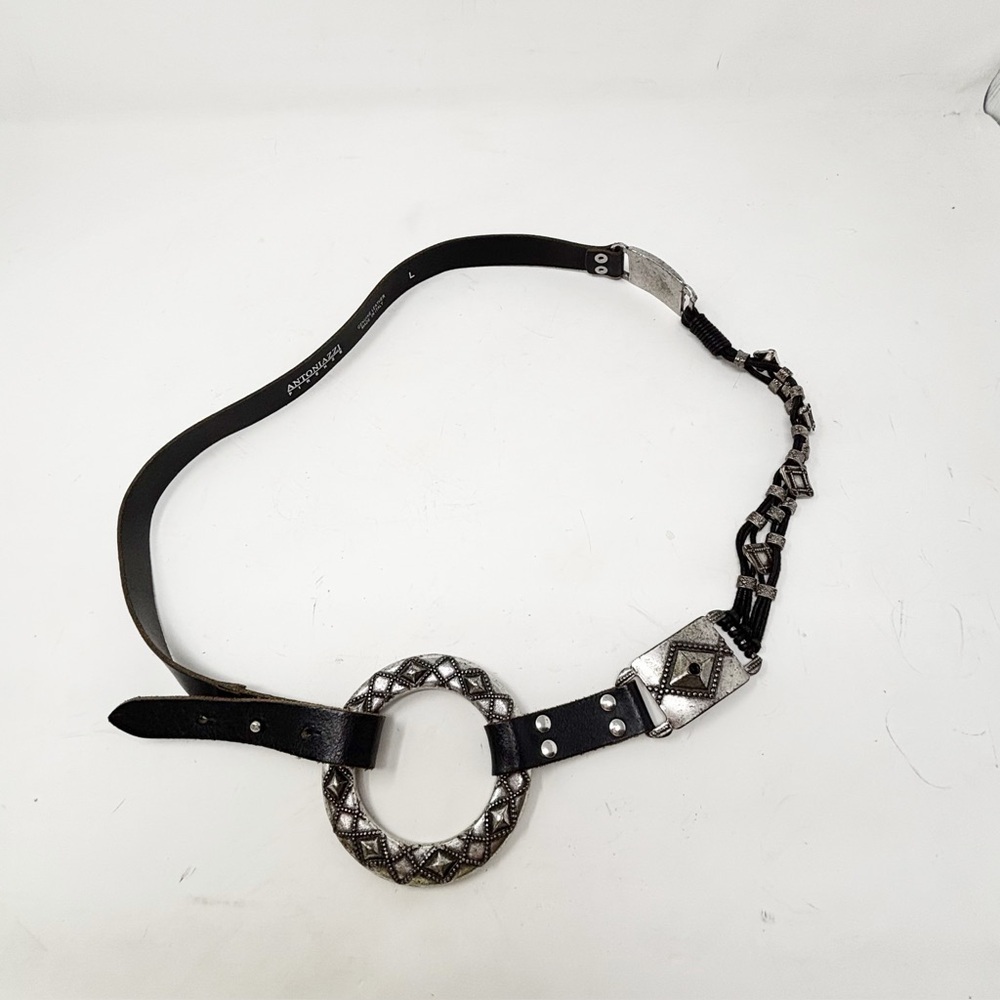 Vtg ANTONIAZZI Women’s Black Leather Silver Tone Hardware Boho Belt ITALY Sz L